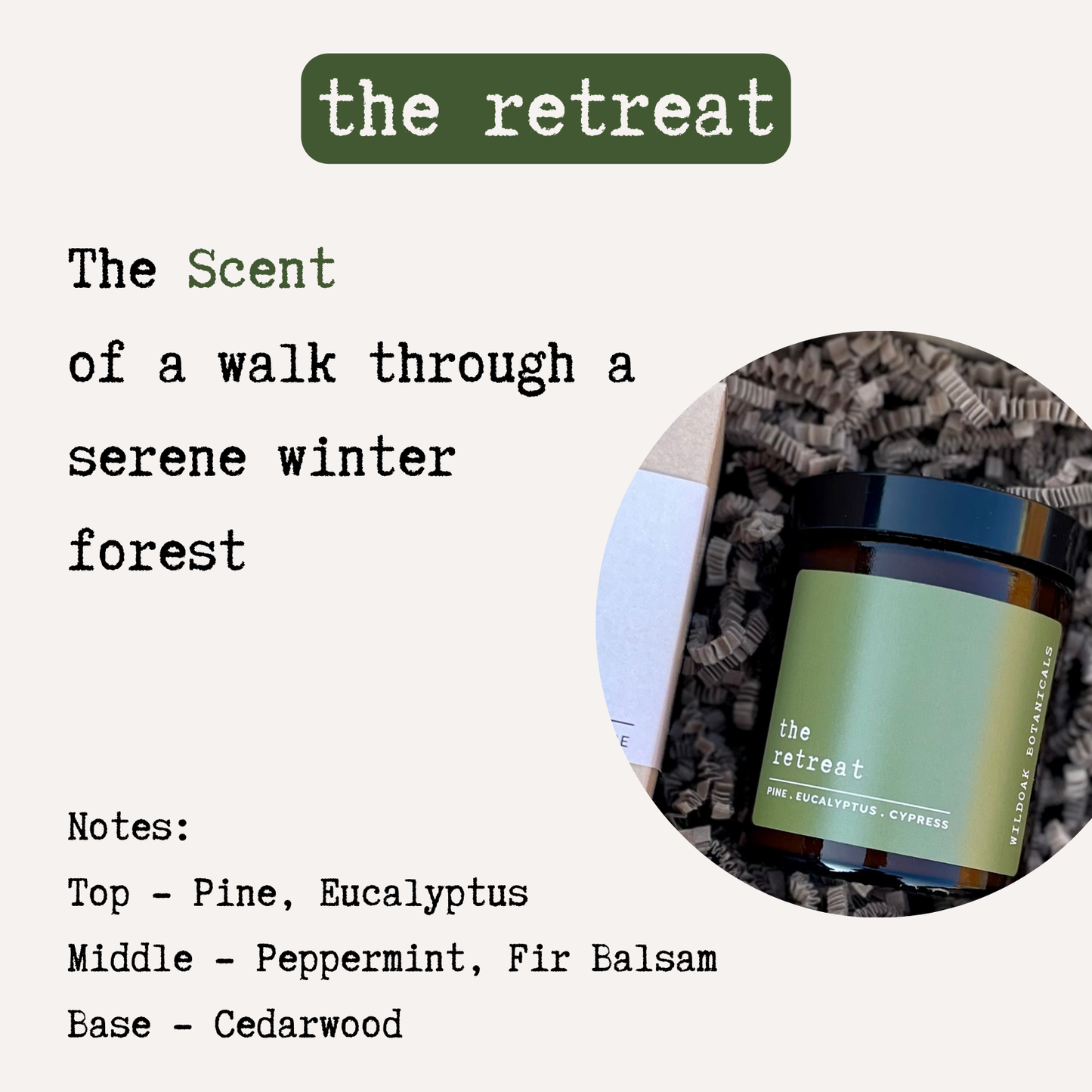 Pine, peppermint, and eucalyptus soy candle from COSYPLACE CANDLE CO. in a glass jar with a wooden lid, featuring a fresh, natural scent.
