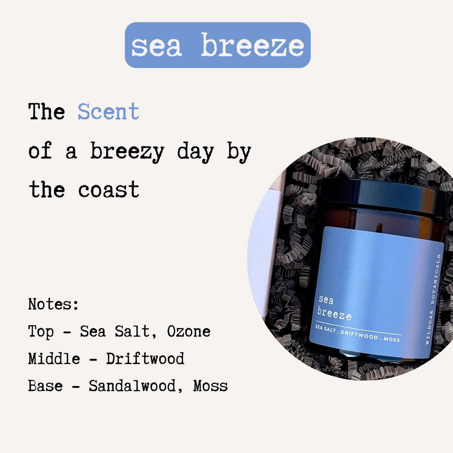 Sea Breeze soy candle by Cosyplace Candle Co. with sea salt and driftwood scent, featuring a white wax candle in a glass container.