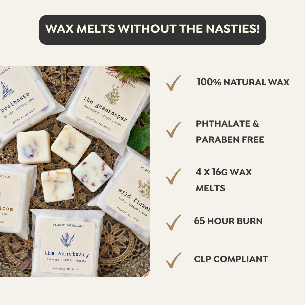 WILDOAK BOTANICALS Botanical soy wax melts in a natural, floral design with four colorful wax chunks on a white background.