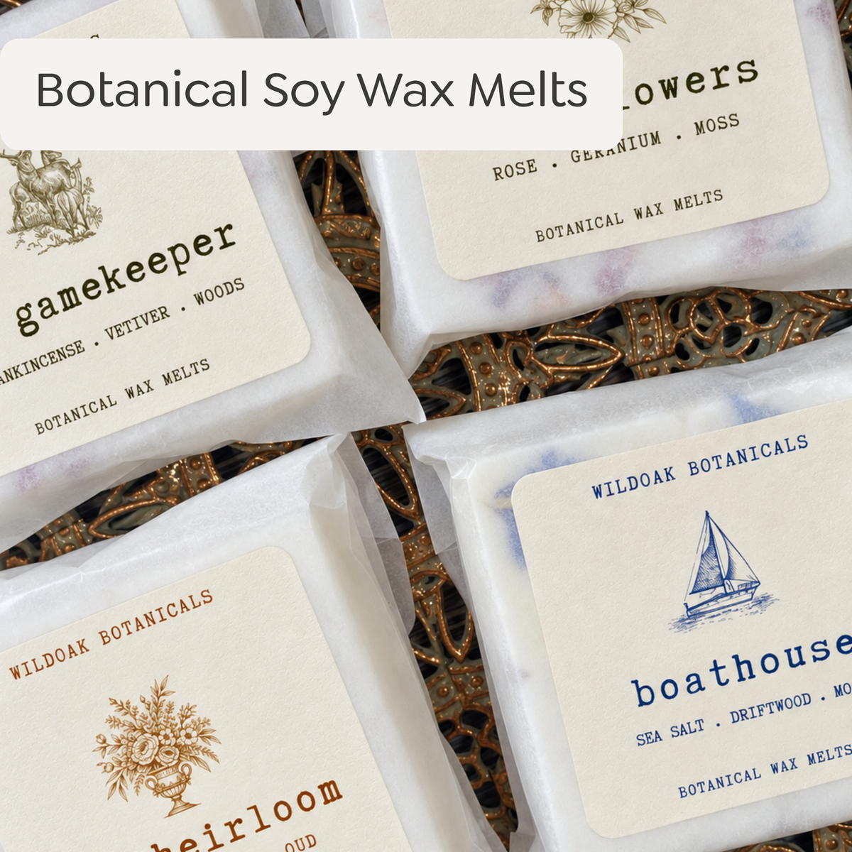 Six botanical soy wax melts in natural scents, displayed in a clear container, with a focus on the WILDOAK BOTANICALS product.