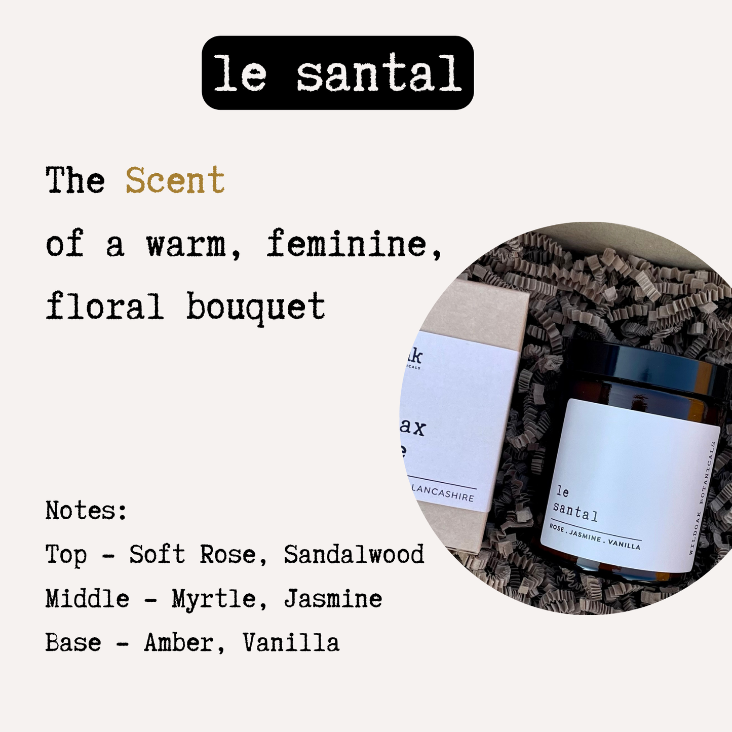 COSYPLACE CANDLES LE SANTAL soy candle with rose, jasmine, and amber fragrance in a white container with a lit wick.
