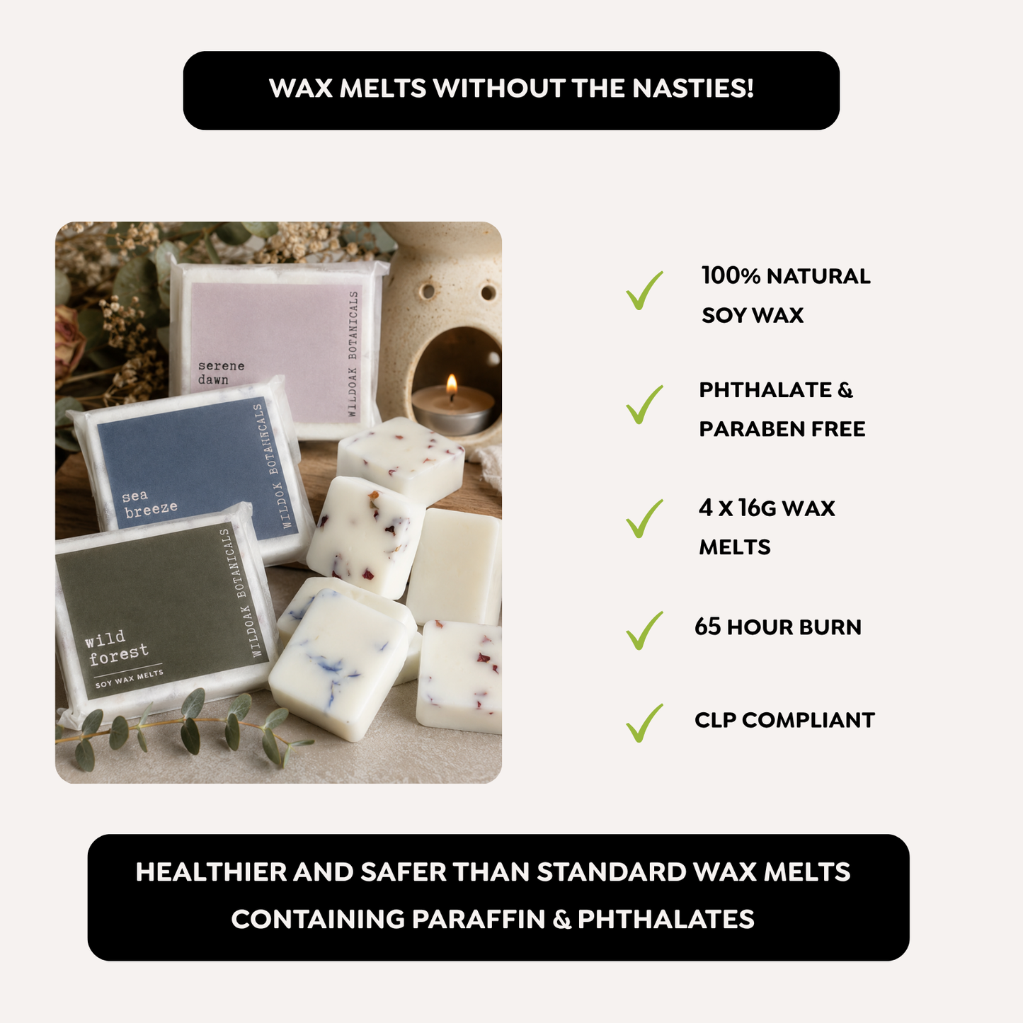 Botanical soy wax melts from COSYPLACE CANDLES, showcasing natural floral and botanical designs in a clear container.