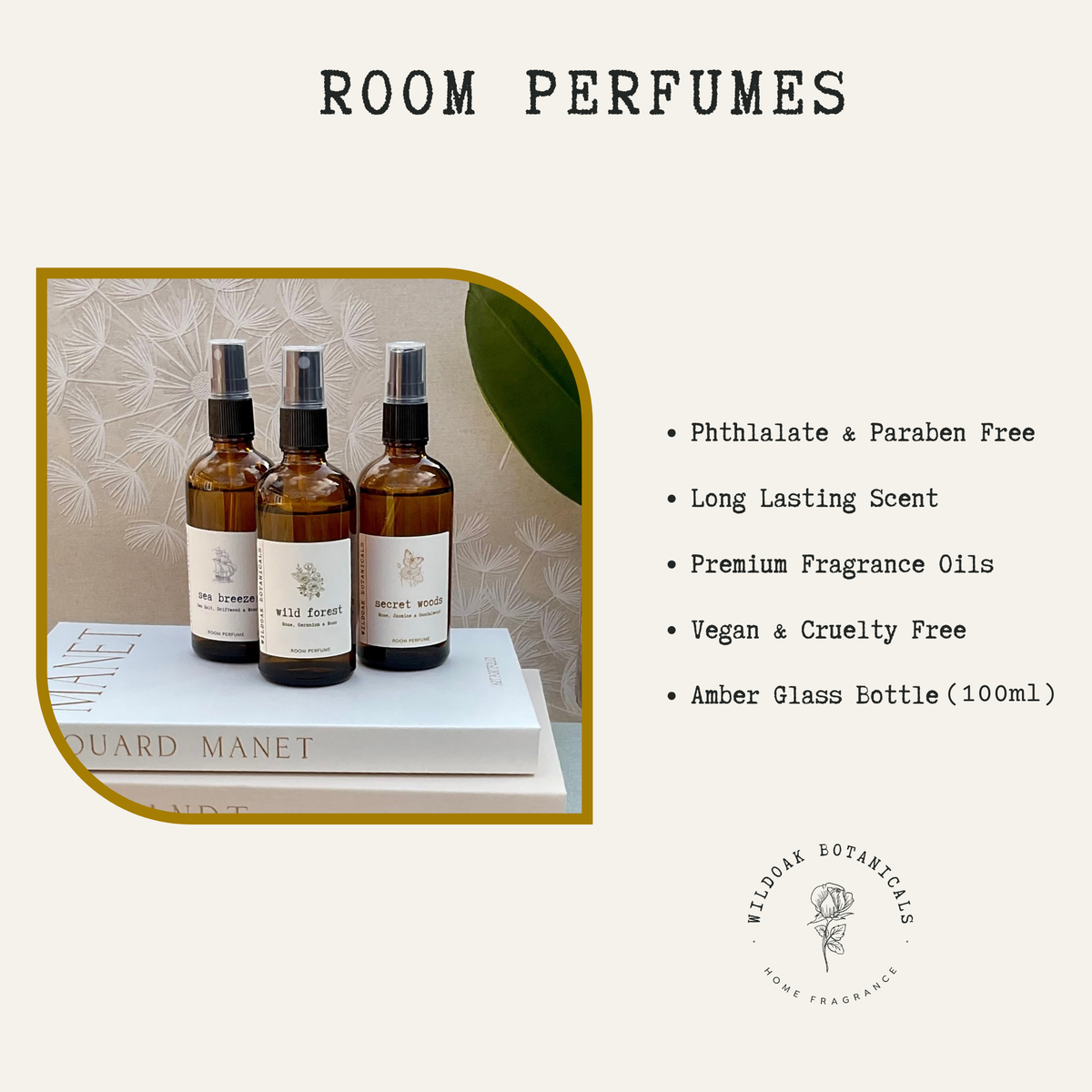 WILDOAK BOTANICALS room perfume bottle with botanical label, elegant glass container, and natural scent infusion.