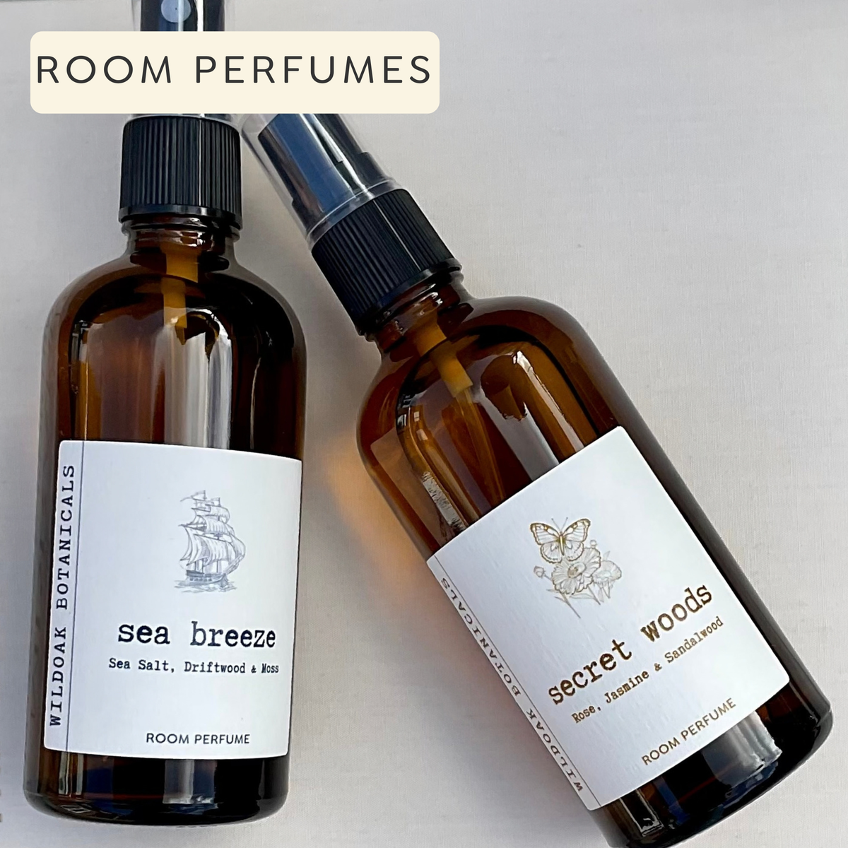 Wildoak Botanicals room perfumes in elegant bottles, showcasing natural botanical ingredients for fresh, aromatic home scents.