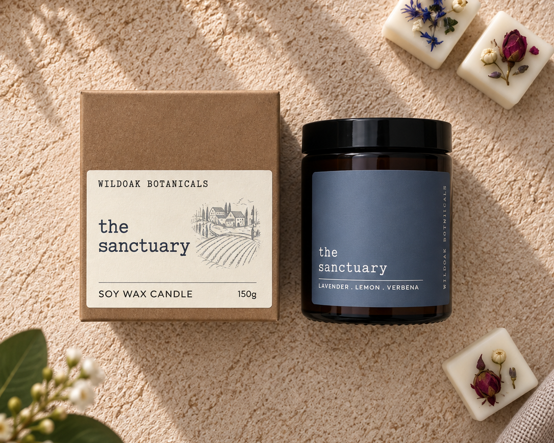 Wild Oak Botanicals 'The Sanctuary' soy wax candle in a dark amber glass jar with a black lid, shown next to its brown kraft paper box on a textured beige fabric background, styled with dried flowers and green leaves.