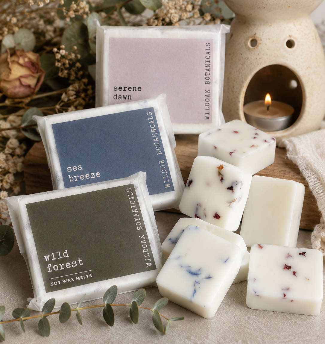 Soy wax melts by COSYPLACE CANDLES featuring botanical floral designs for a natural home fragrance.