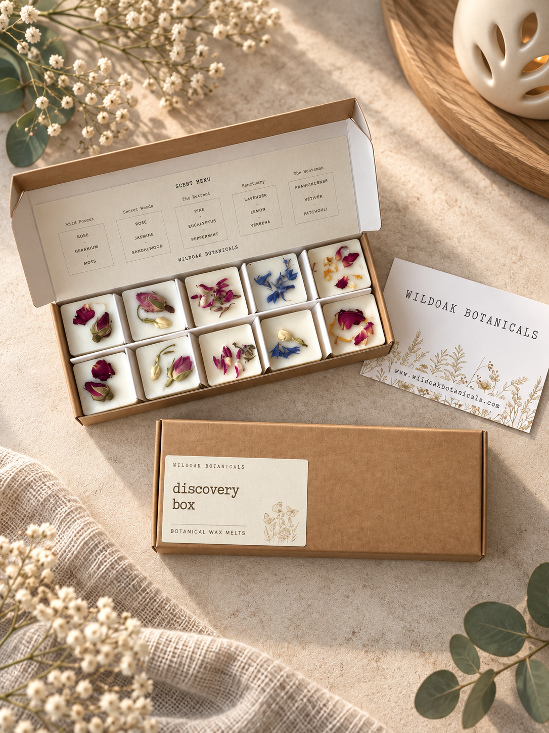 Wildoak Botanicals Discovery Box containing 10 botanical-infused wax melts, shown in an open kraft box with a second closed box below, styled with dried flowers and eucalyptus on a neutral textured surface.