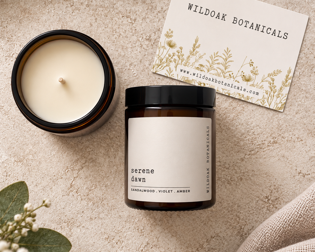 A styled flat-lay of a Wild Oak Botanicals candle in an amber glass jar with a black lid and cream label, alongside an open candle jar showing the wax, a branded card, and soft neutral fabric with greenery on a textured beige surface.