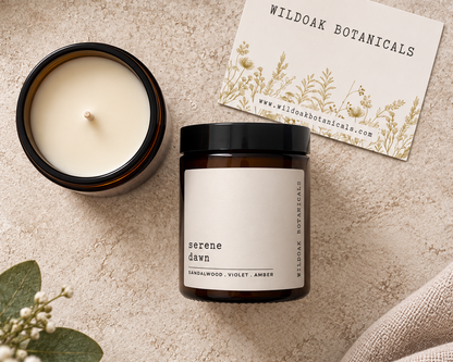 A styled flat-lay of a Wild Oak Botanicals candle in an amber glass jar with a black lid and cream label, alongside an open candle jar showing the wax, a branded card, and soft neutral fabric with greenery on a textured beige surface.