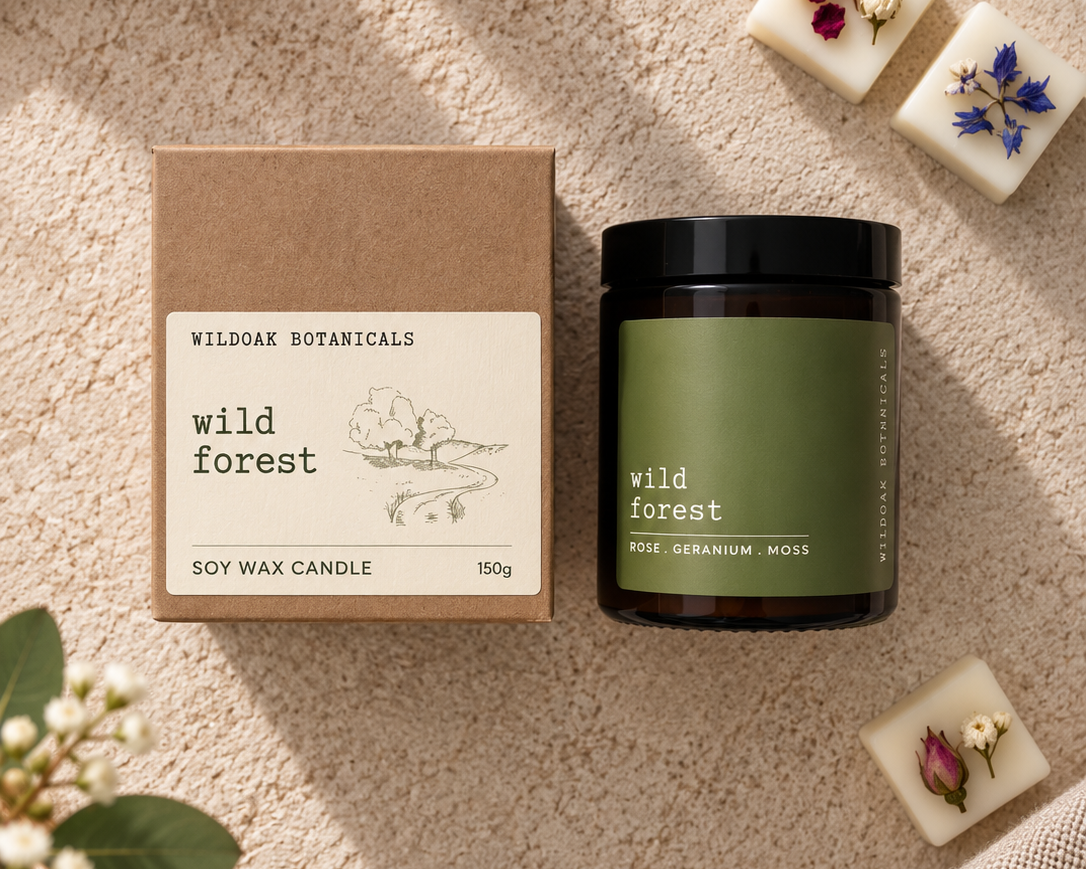 A soy wax candle by Wild Oak Botanicals in a dark green jar with a black lid, shown next to its kraft paper box on a textured beige fabric background with decorative greenery and wax melts.