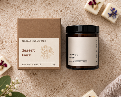 Wildoak Botanicals 'desert rose' soy wax candle in an amber glass jar with a black lid, shown next to its brown kraft paper box on a textured beige linen background, styled with small pressed flowers and green leaves.
