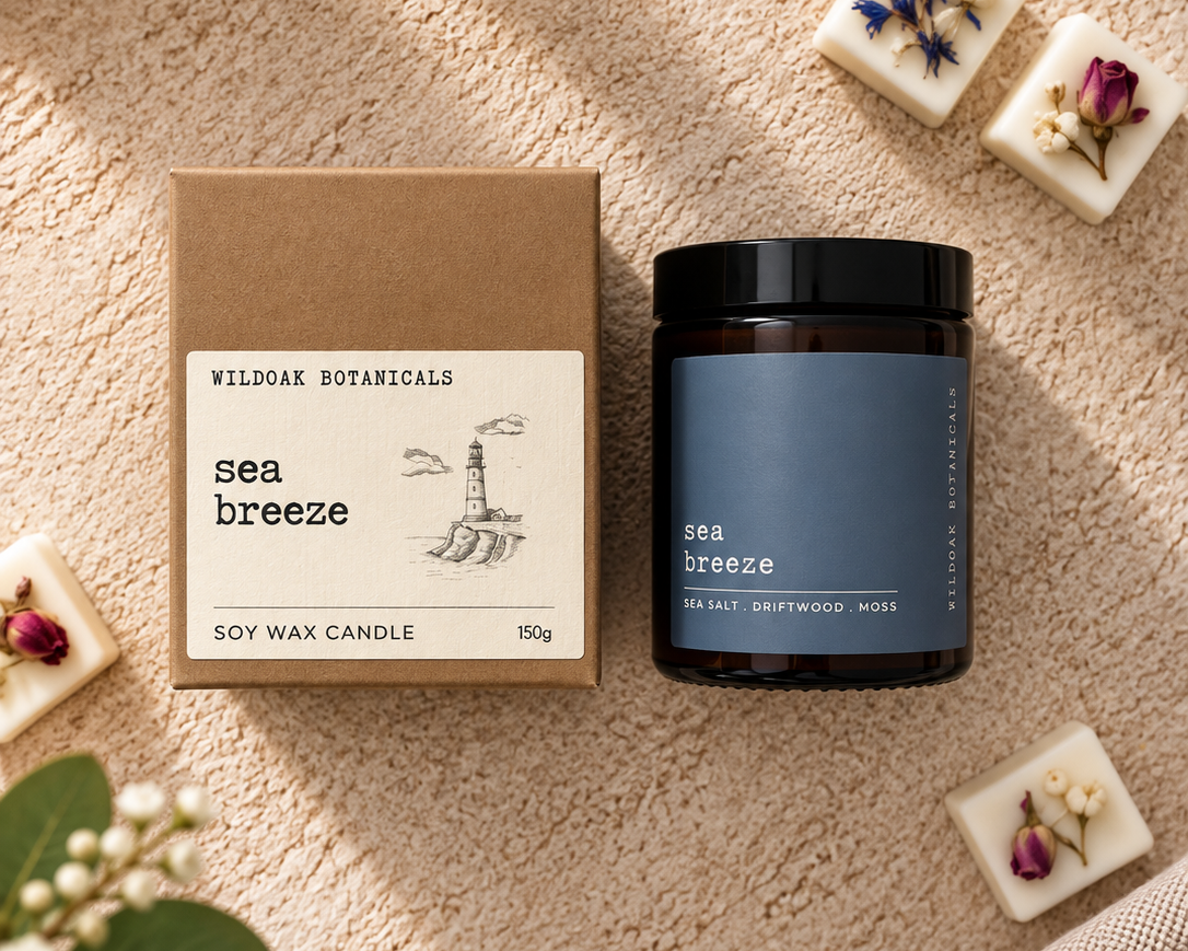 Wild Oak Botanicals 'sea breeze' soy wax candle in an amber glass jar with a black lid, displayed next to its brown kraft paper box on a beige textured blanket with decorative botanicals and wax melts.