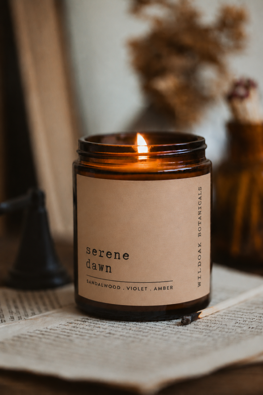 Soy candle from WILDOAK BOTANICALS. with Serene Dawn label featuring warm sandalwood and amber notes on a minimalist label.